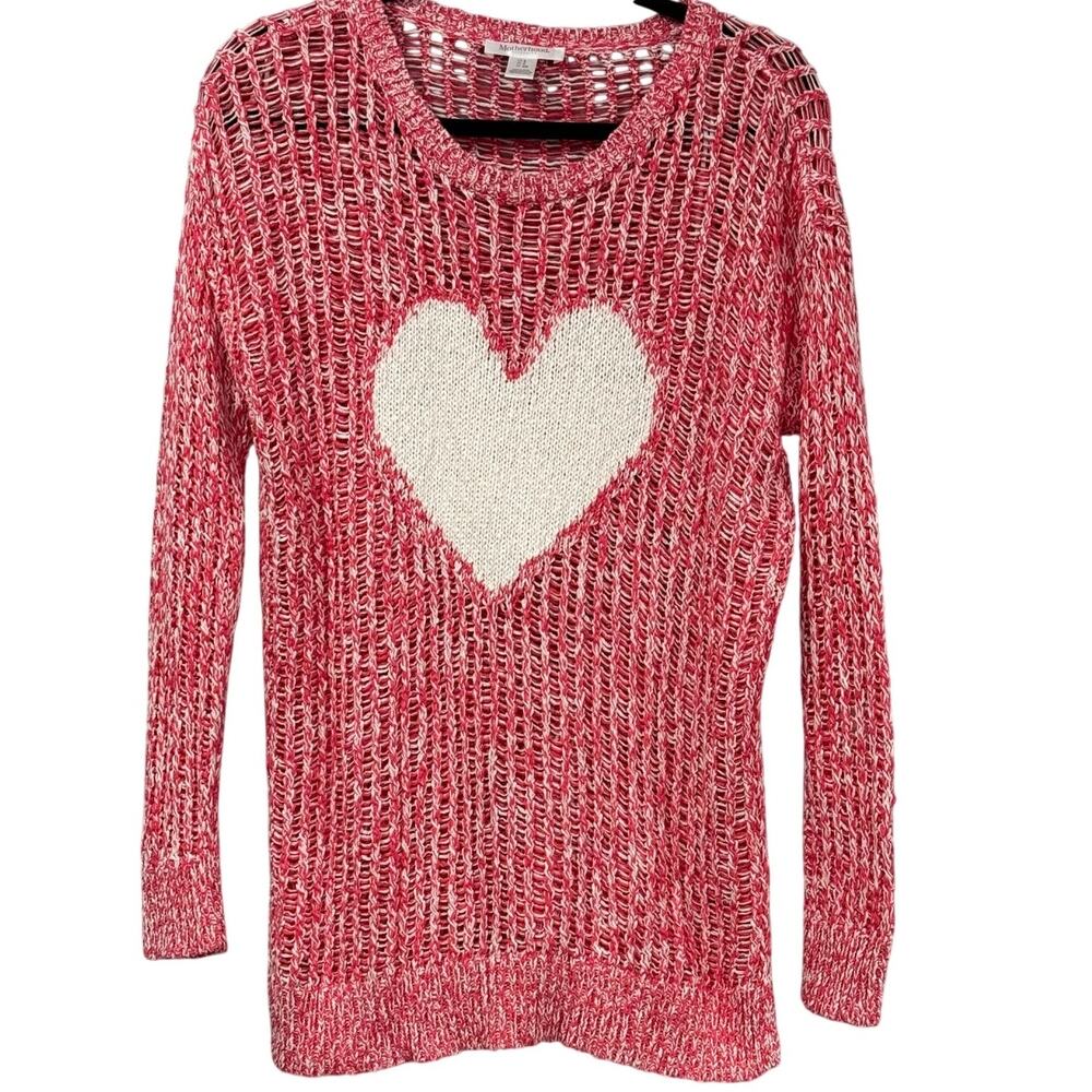 Maternity Sweater Pink White Heart Open Knit Motherhood Size S Pullover Romantic